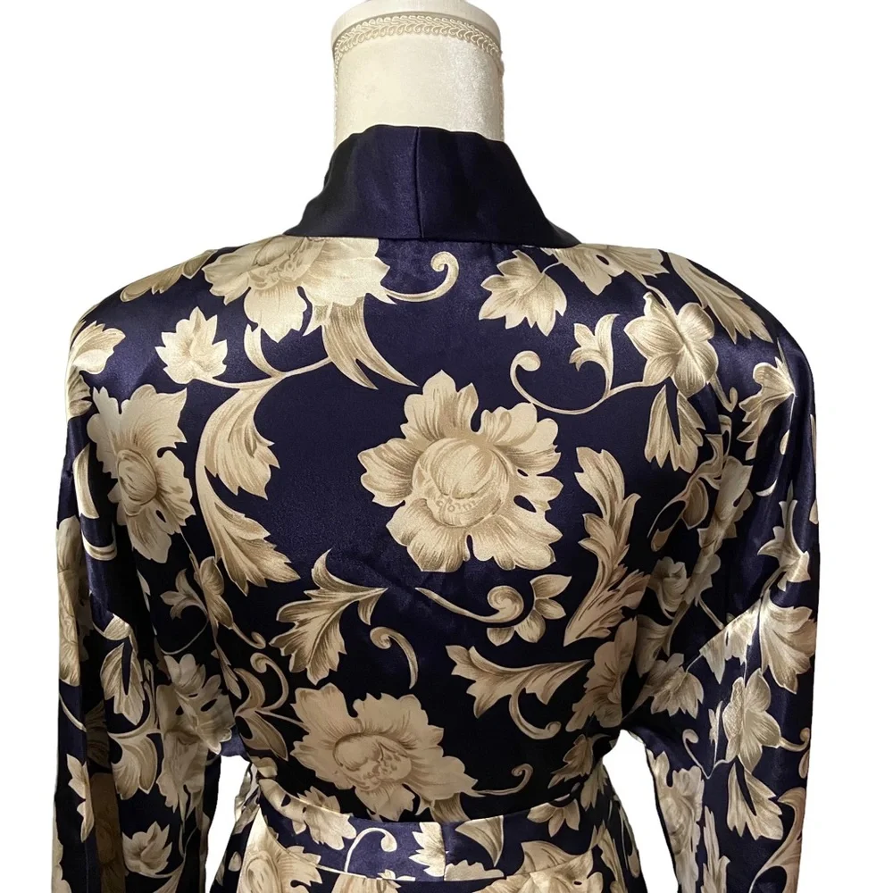 80’s VTG Adonna Kimono Satin Women’s Medium Floral Print Robe Navy Blue Romantic